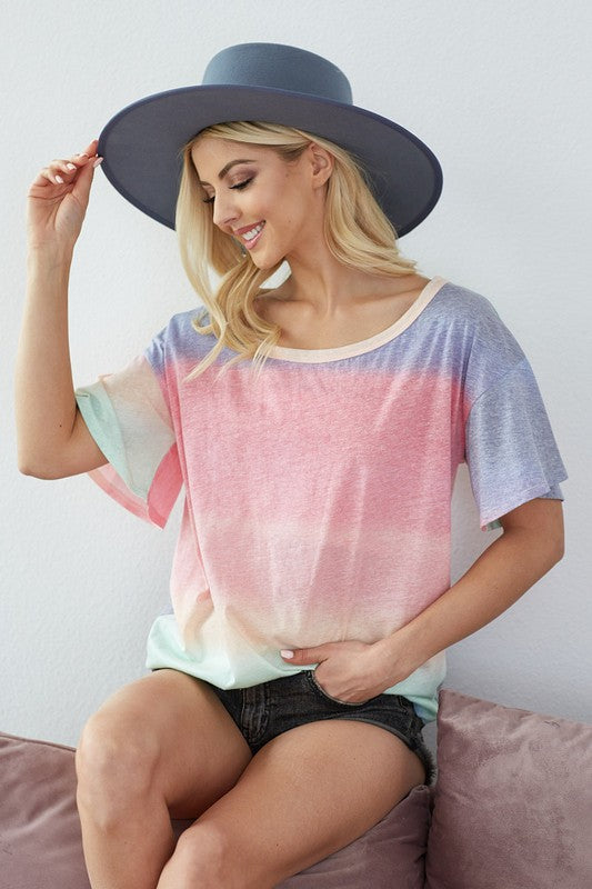 MULTI COLORED OMBRE FLARED SLEEVE TOP