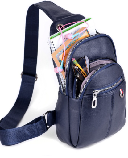 LEATHER CROSSBODY SLING BAG- NAVY