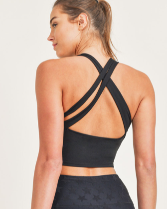 STRAP BACK CROPPED TOP WITH BUILT-IN SPORTS BRA- BLACK
