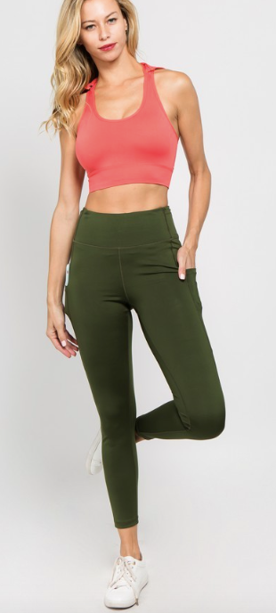TECH POCKET HIGH WAISTED WORKOUT LEGGINGS- ARMY GREEN