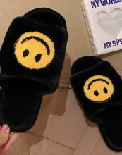 Load image into Gallery viewer, OPEN TOE FUZZY SMILEY FACE SLIPPERS- BLACK
