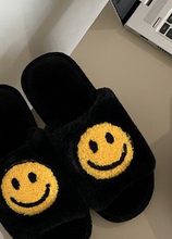 Load image into Gallery viewer, OPEN TOE FUZZY SMILEY FACE SLIPPERS- BLACK
