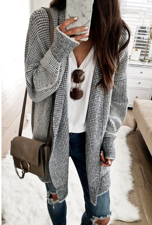 PLAID PATTERN OPEN FRONT KNITTED CARDIGAN