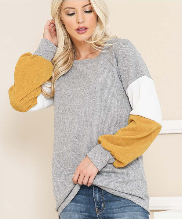 TUNIC TOP WITH COLOR BLOCK SLEEVES  - MUSTARD