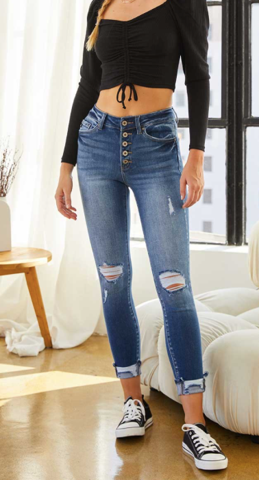 High Rise Button Fly Ankle Skinny Kan Can Jeans