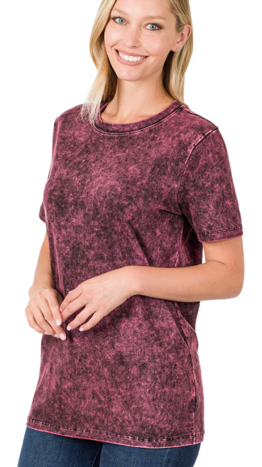 COTTON MINERAL WASHED SHORT SLEEVE ROUND NECK TOP
