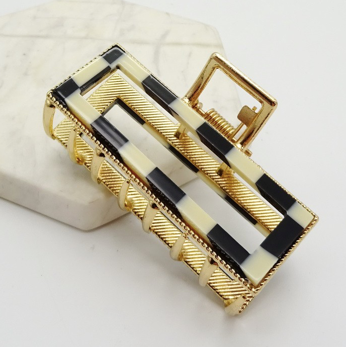 FRENCH DESIGN RECTANGLE GOLD CELLULOSE HAIR CLAW CLIP