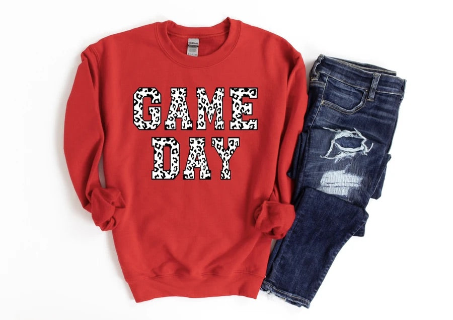 GAME DAY CREWNECK SWEATSHIRT- LEOPARD PRINT LETTERS